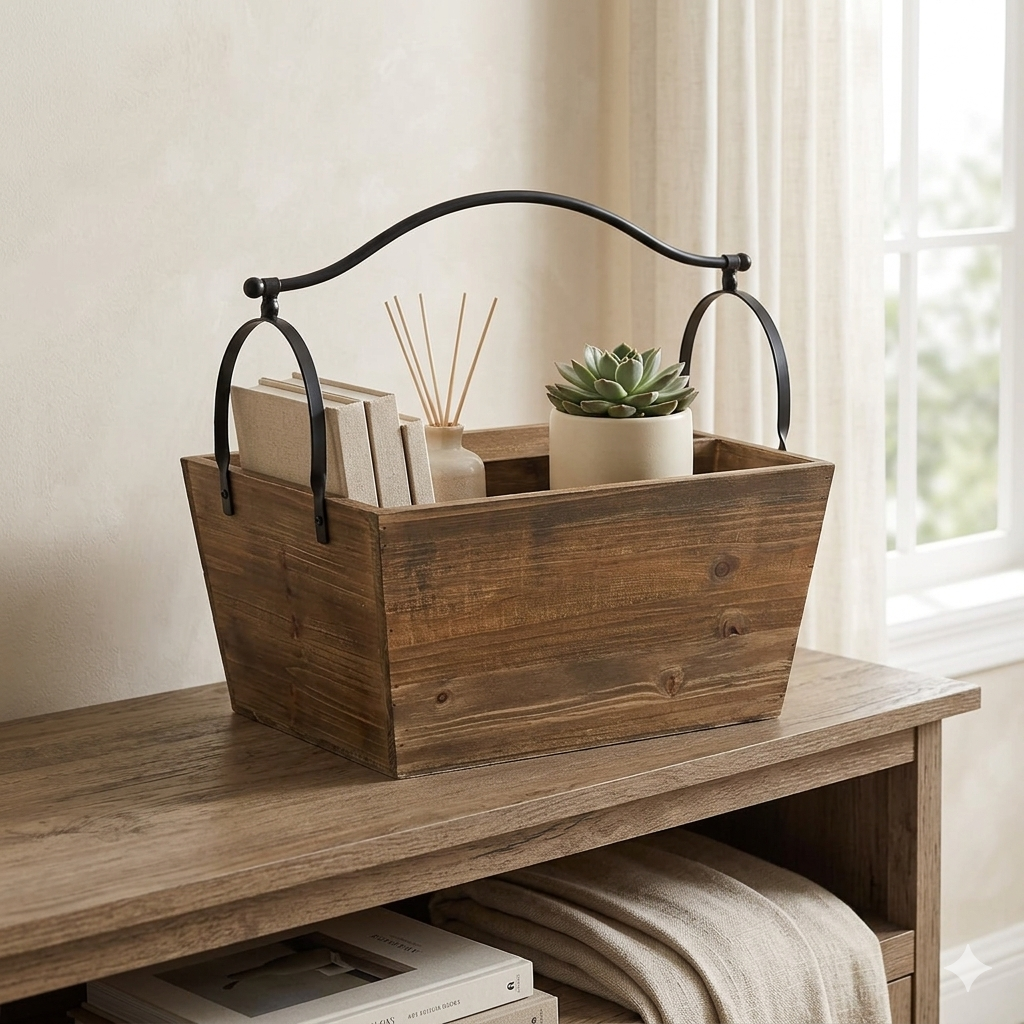 Wood Garden Trug Basket with Metal Handle