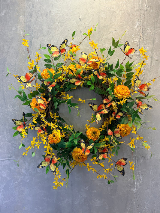 32" "Monarch Butterflies in Forsythia Fields" Wreath {Completed Wreath}