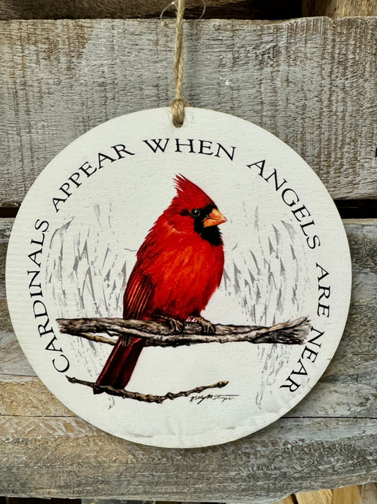 Wooden Red Bird Disk Ornament 5.75" in White/Red | QG