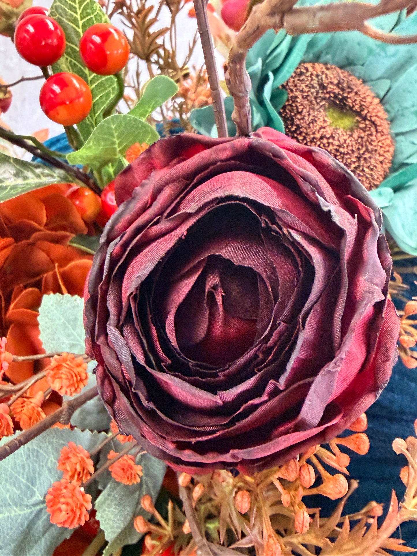 Vintage Garden Rose Spray x 3 25" - Dark Red | YS