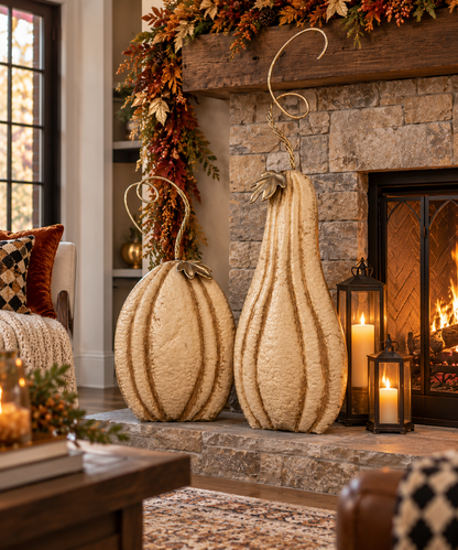 Perfect Antiqued Cream Metal Pumpkin w/ Metallic Leafing (Set of 2) 33.5" & 43.5" | FH