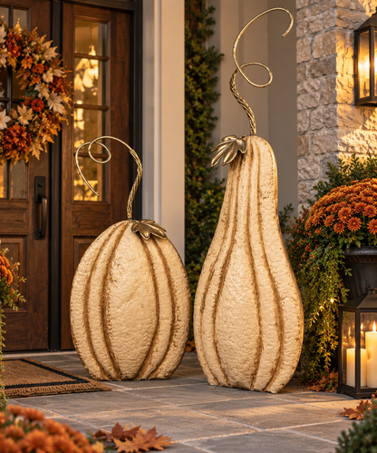 Perfect Antiqued Cream Metal Pumpkin w/ Metallic Leafing (Set of 2) 33.5" & 43.5" | FH