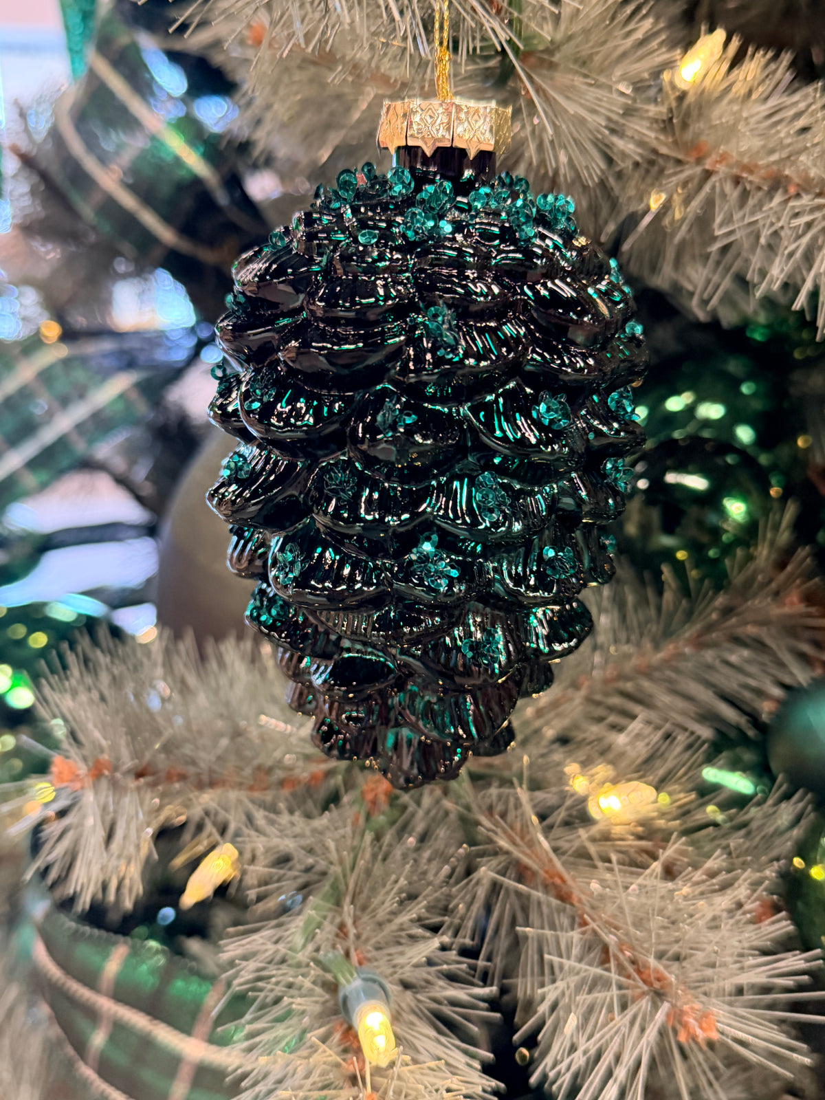 Deep Green Beaded Glass Pinecone Ornament 5.5" | TG
