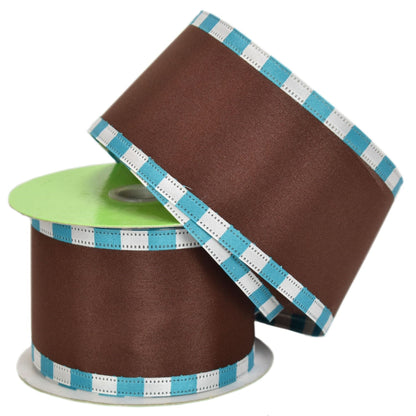 Chocolate Satin w/ Turquoise/ White Block Edge 2.5"x10yd