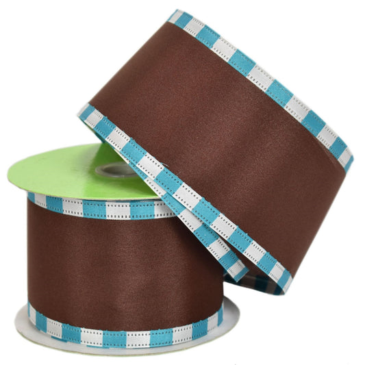 Chocolate Satin w/ Turquoise/ White Block Edge 2.5"x10yd