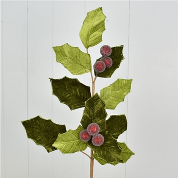 31" Old World Velvet Holly Christmas Spray | TA