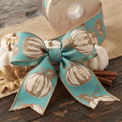 Modern Pumpkin Print on Aqua Ribbon w/ Gold Back 2.5" x 10yd | IR