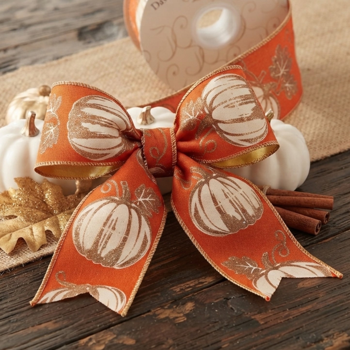 Modern Pumpkin Print on Orange Ribbon w/ Gold Back 2.5" x 10yd | IR