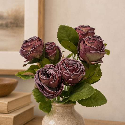 Mini Faux Dried Rose Bush x6 - 12" - Dried Purple | GT