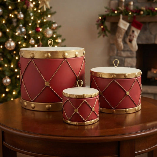 Metal Drum Ornament (set of 3) 10",7",4" - Red | FH
