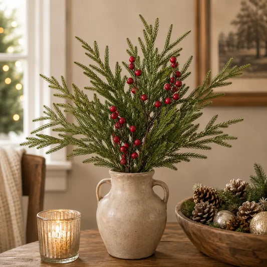 An artificial holiday Christmas pine greenery arrangement with red berries in a rustic beige ceramic vase, displayed on a wooden table in a warmly lit room with a candle and a bowl of pinecones nearby.