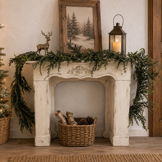 A rustic white distressed fireplace mantel decorated with green garland, a framed winter forest print, a brass deer figurine, and a lit black lantern, with a wicker basket of logs below on a wood floor.