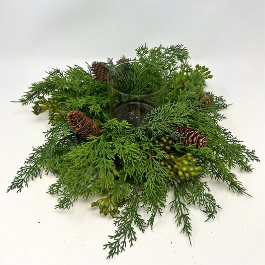 Real Touch Mixed Cedar, Pine Cone, Seed Candle Centerpiece W/4"X4" Candleholder 16"  | XJ