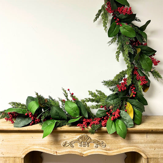 Mixed Magnolia, Berry, Real Touch Pine Garland 72" | XJ