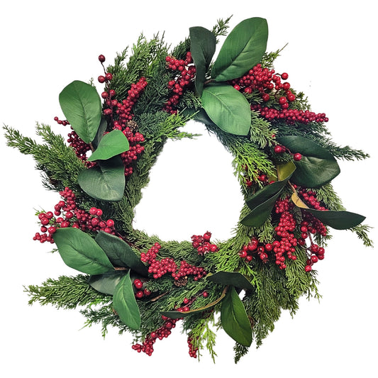 Mixed Magnolia, Berry, Real Touch Pine Wreath 24" | XJ