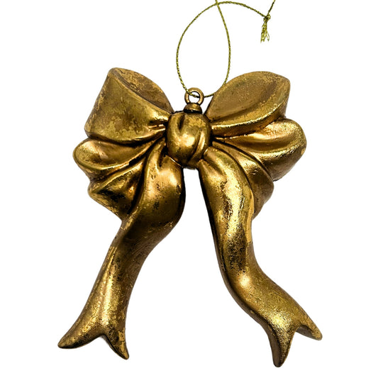 Plastic Hanging Bow Ornament - Ant. Gold 4.25" | YK