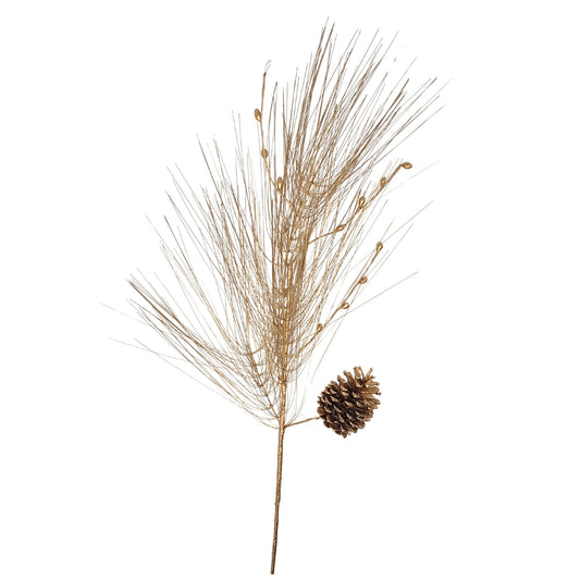 Metallic Long Needle Pine/Pinecone/Berry Spray - Gold 37” | YS