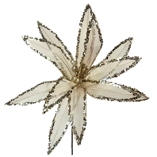Glitz Sheer Wired Poinsettia Stem - Ivory/Gold | YS
