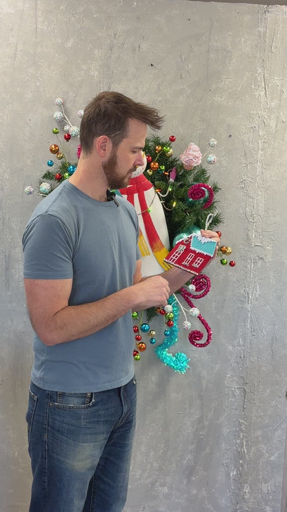 6" x 5.5" Retro Felt/Tinsel House - Red/Aqua