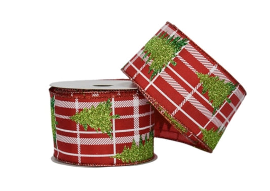 2.5" x 10YD Red/White Plaid with Two Tones Green Glitter Christmas Tree | YT