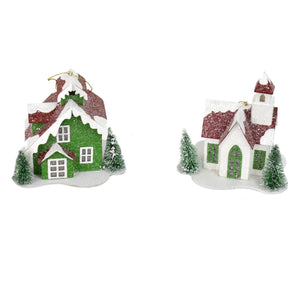4.5" Snow Pine Village Light Up Ornaments in Red/Green--Set of 2: House & Church- YK