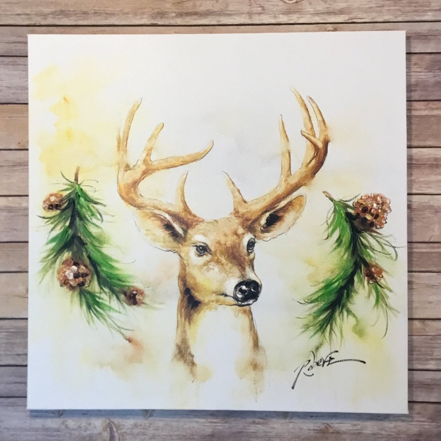 24" x 24" Deer Head with Pine Boughs Oil Painting | FX