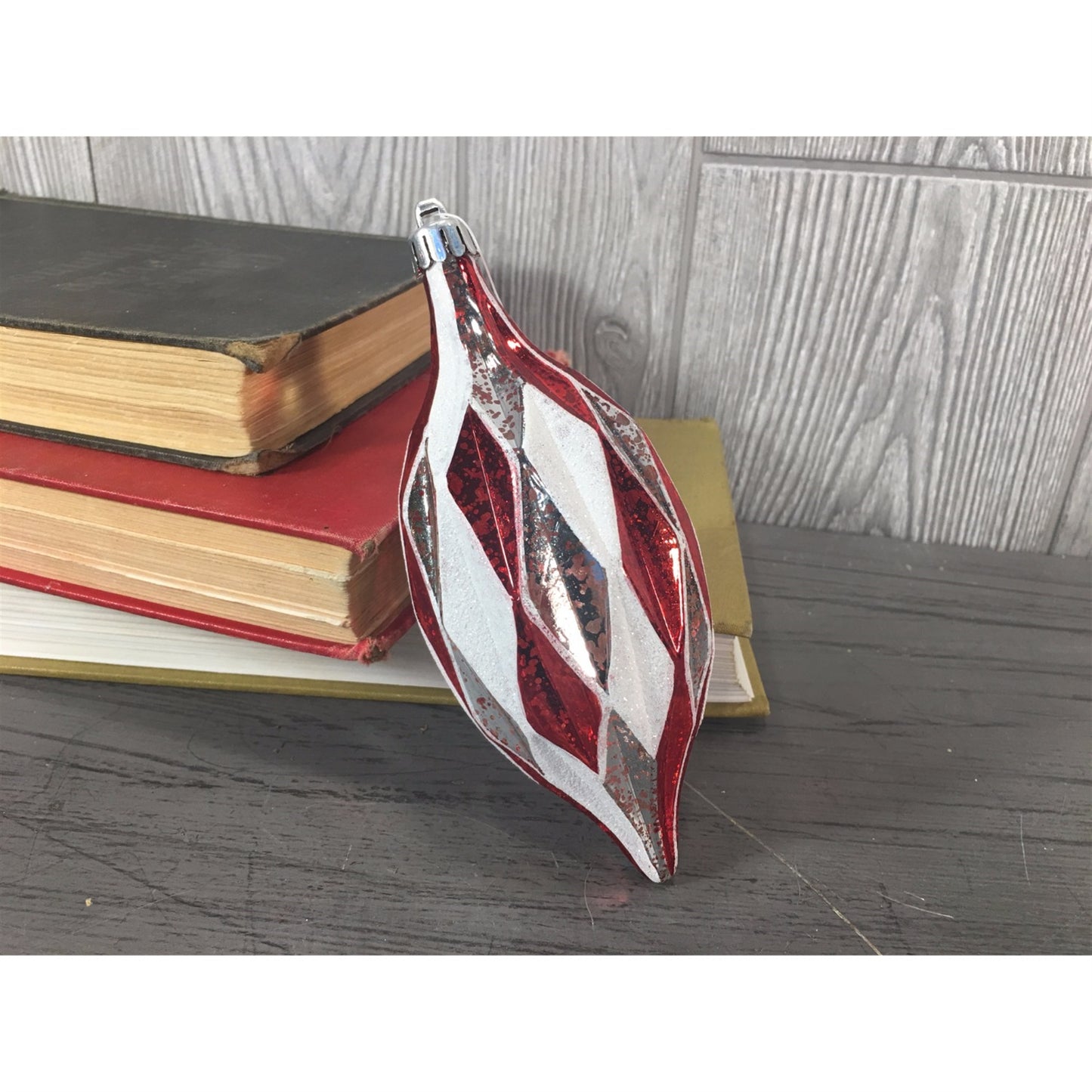 6" Harlequin Mercury Finial Ornament in Red/Silver/White | XJB