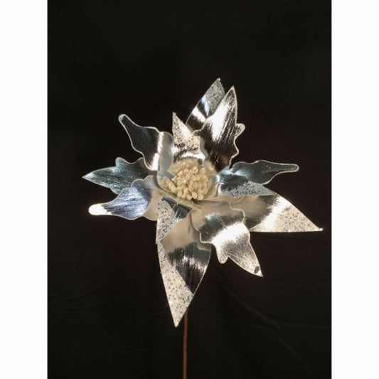26" Metallic Glitter Poinsettia Stem in Silver/White | QG