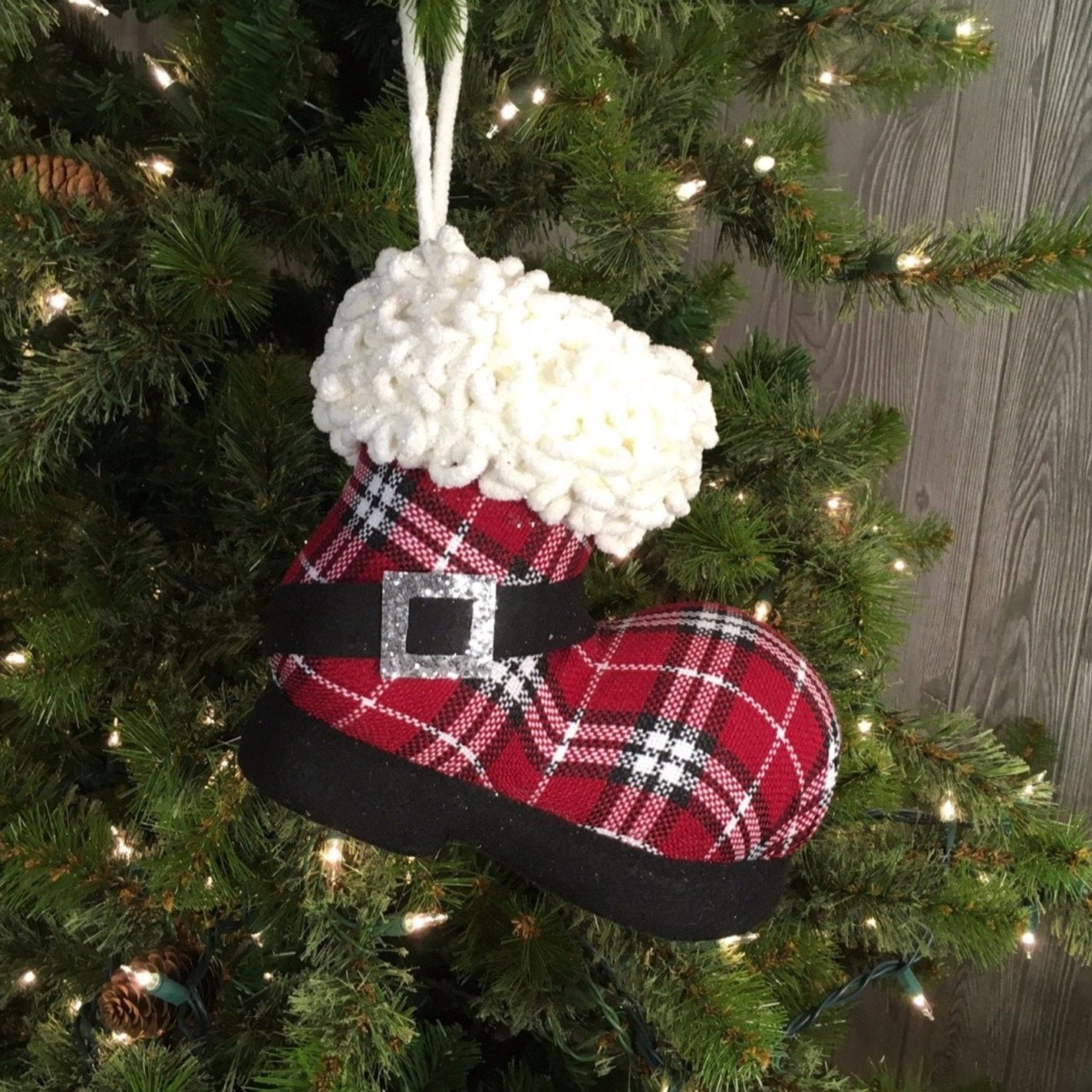 8.5" Cardinal Plaid Boot Ornament | BF