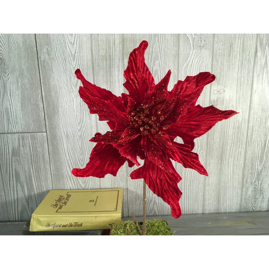 27" Velvet Glitter Poinsettia Stem in Red | QG