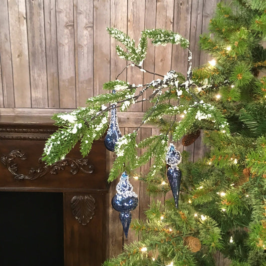 33" Iced  Pine with Hanging Mercury Finial Ornaments in Midnight Blue | XJ