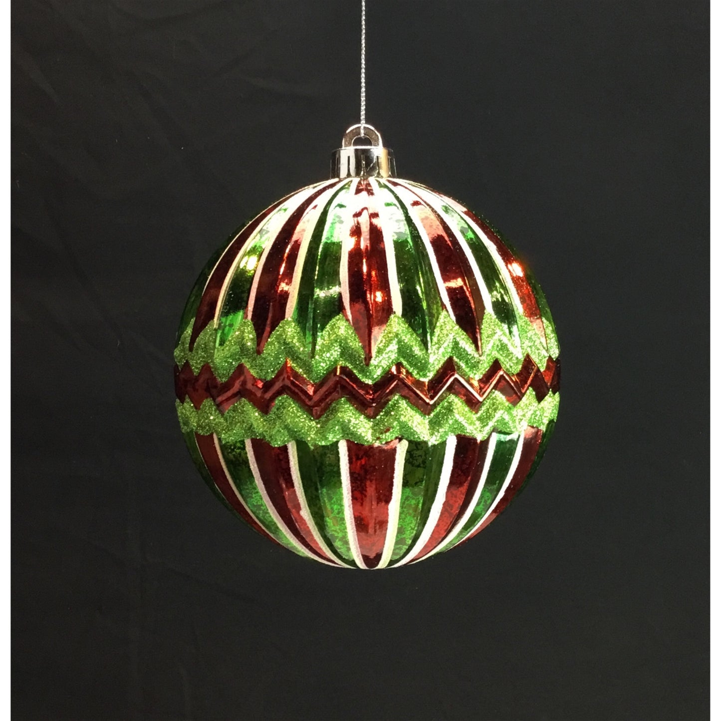 6" Glitter Zig Zag Stripe Ball Ornament in Red/Apple/White | XJB
