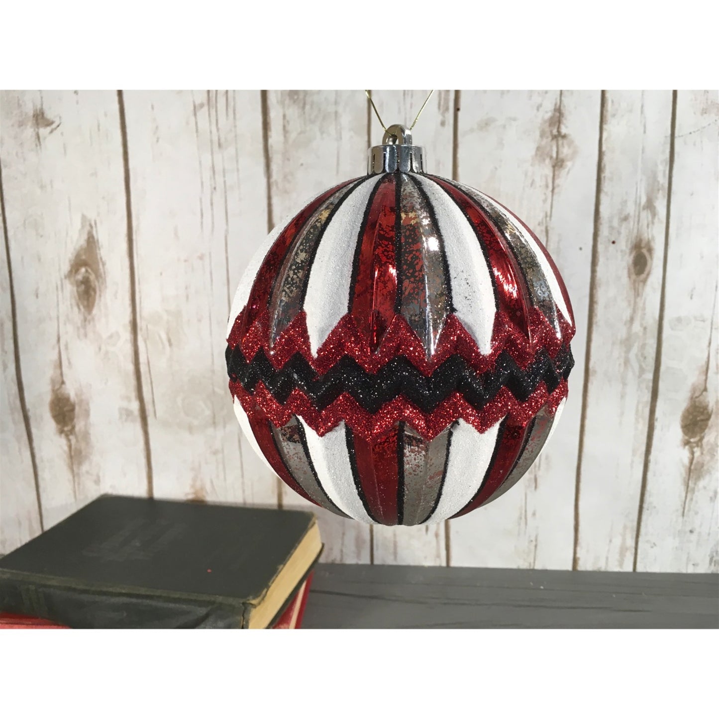 6" Glitter Zig Zag Stripe Ball Ornament in or Red/Silver/White | XJB