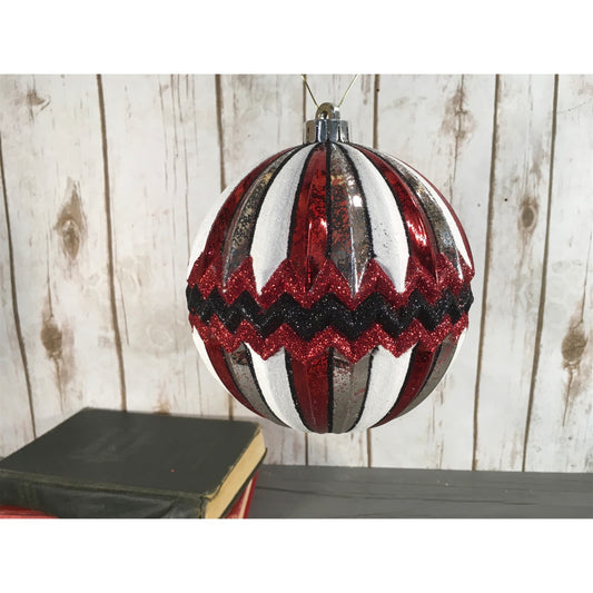 6" Glitter Zig Zag Stripe Ball Ornament in or Red/Silver/White | XJB