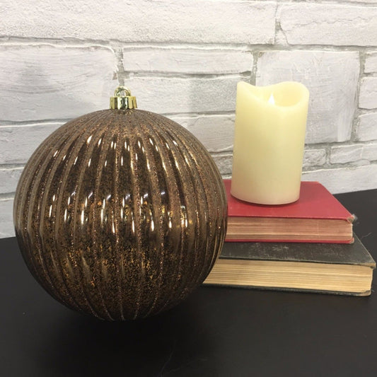 8" Vertical Stripe Glitter Mercury Ball Ornament in Bronze or Platinum | XJB