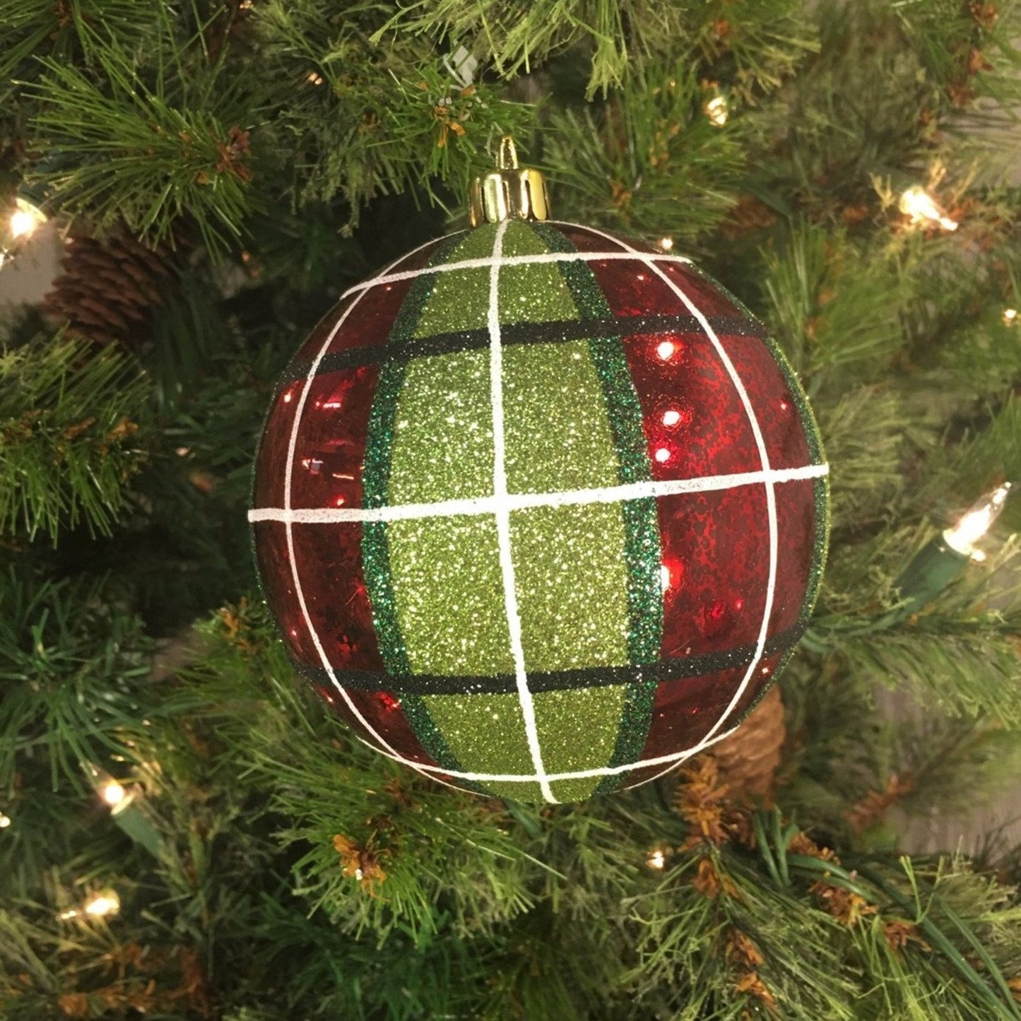 4" Shiny Finish Mercury Plaid Ball Ornament in Red/Green | XJB
