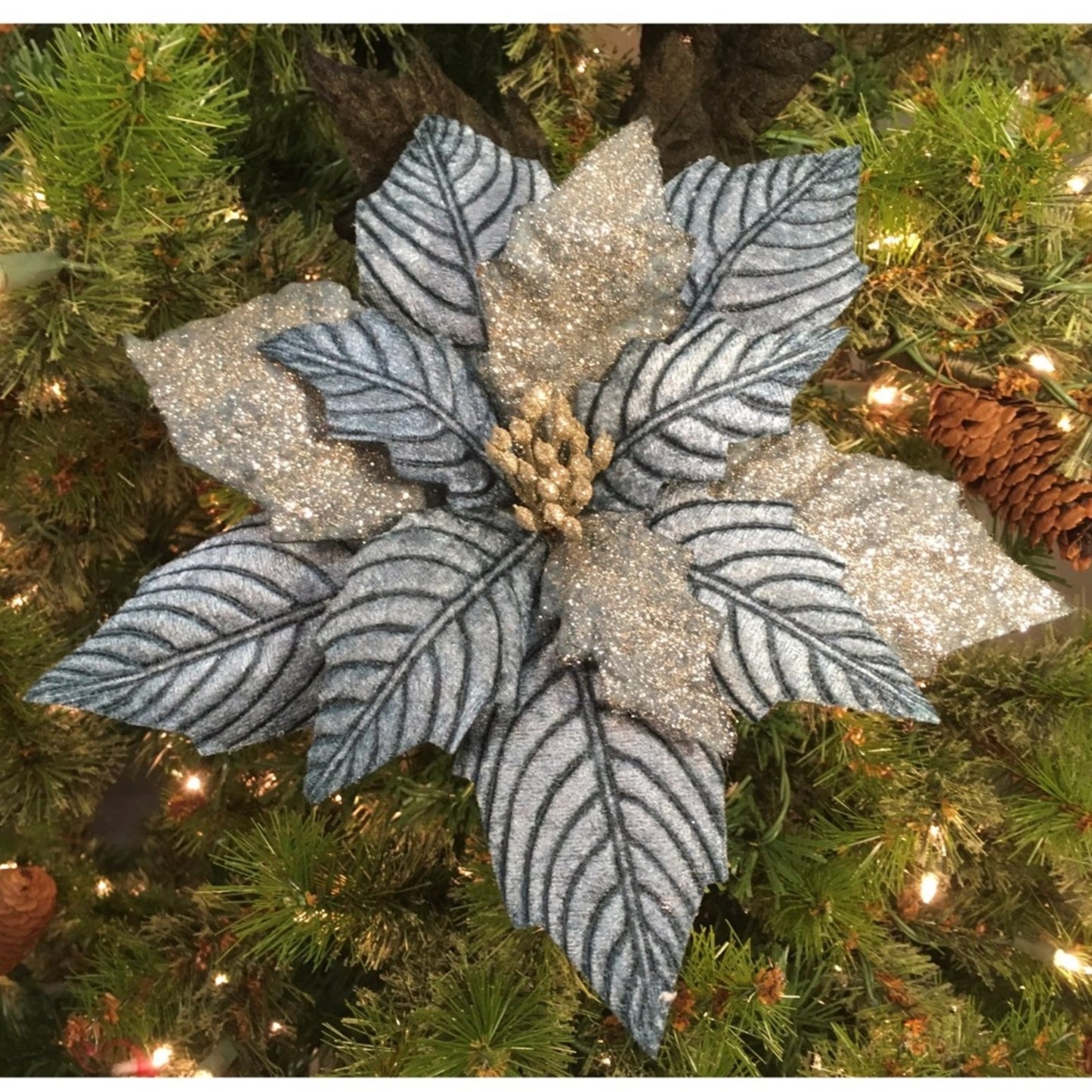 24" Veined Glitter Poinsettia Stem in Blue | QD