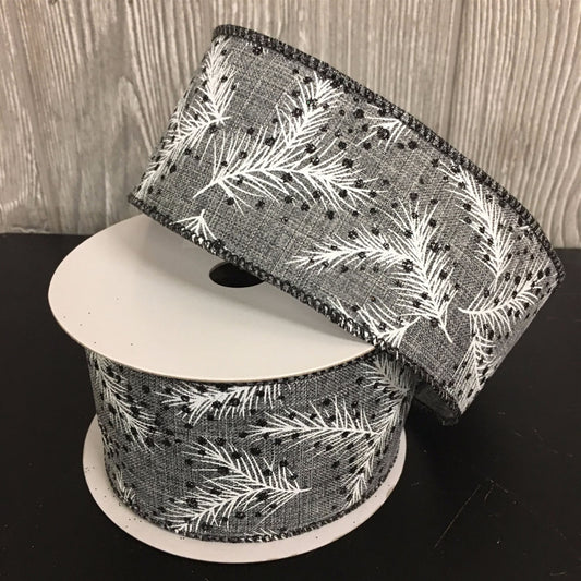 2.5" X 10YD Faux Linen with Pine and Glitter Berry Ribbon in Grey/Black | YT