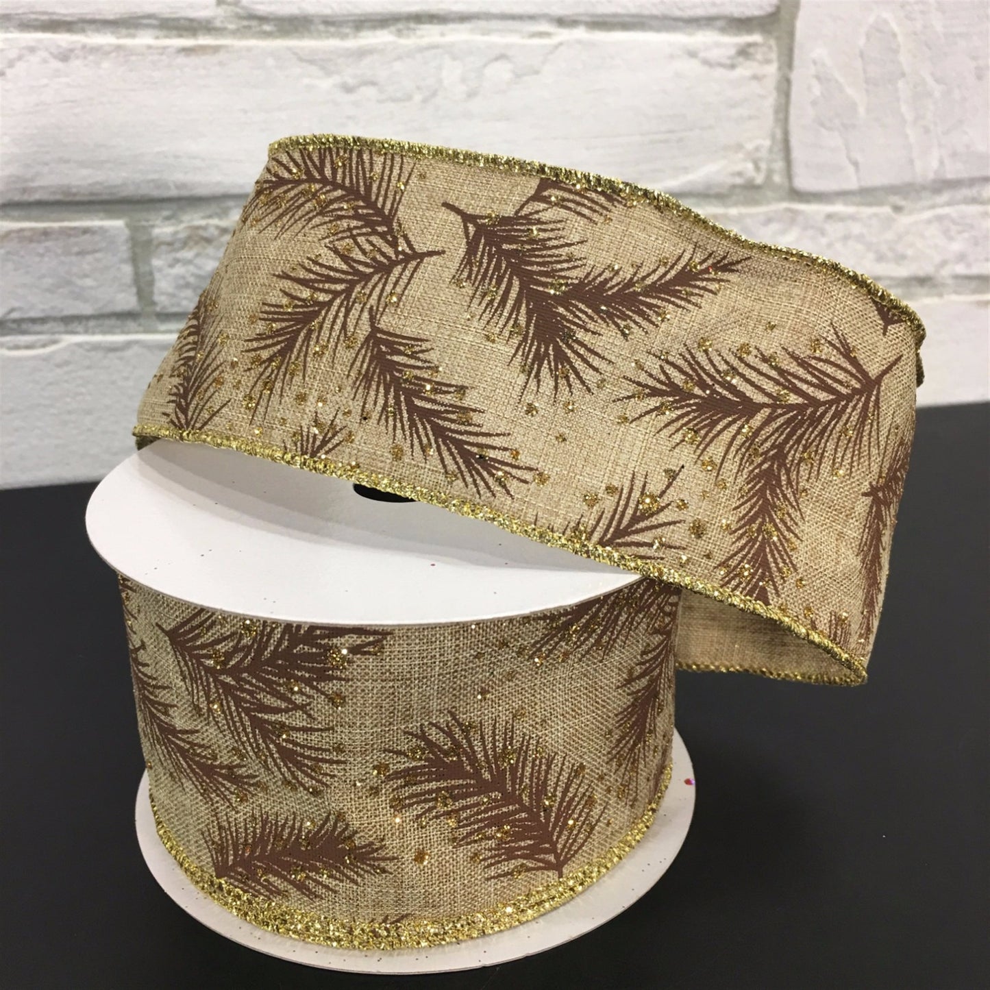 2.5" X 10YD Faux Linen with Pine and Glitter Berry Ribbon in Natural/Gold/Black | YT