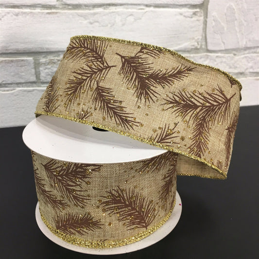 2.5" X 10YD Faux Linen with Pine and Glitter Berry Ribbon in Natural/Gold/Black | YT