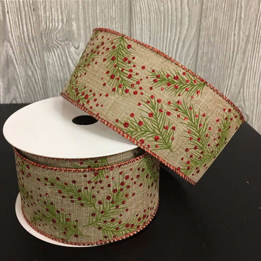2.5" X 10YD Faux Linen with Pine and Glitter Berry Ribbon in Natural/Red/Green | YT