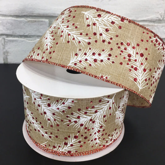 2.5" X 10YD Faux Linen with Pine and Glitter Berry Ribbon in Natural/Red/White | YT