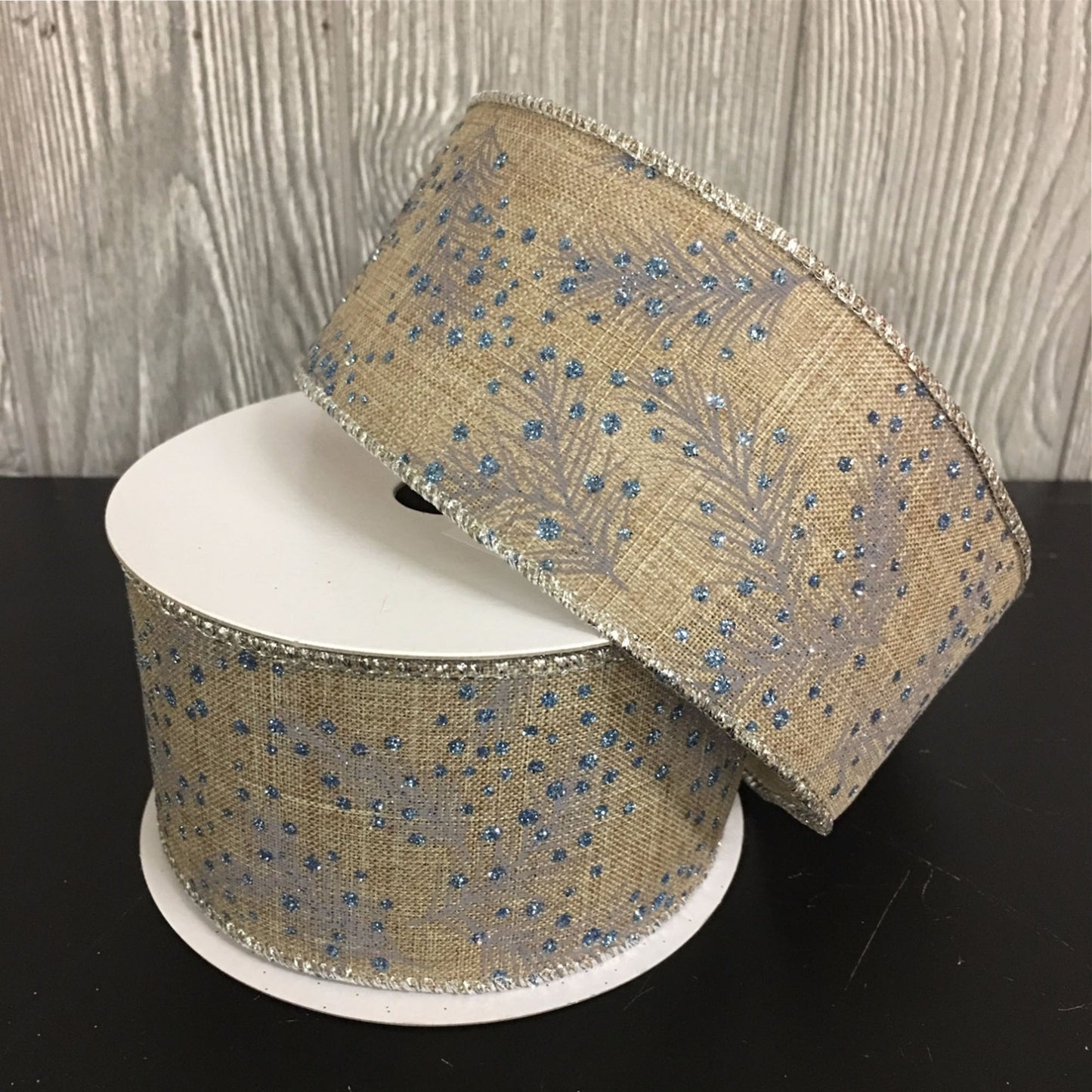 2.5" X 10YD Faux Linen with Pine and Glitter Berry Ribbon in Natural/Silver/Blue | YT