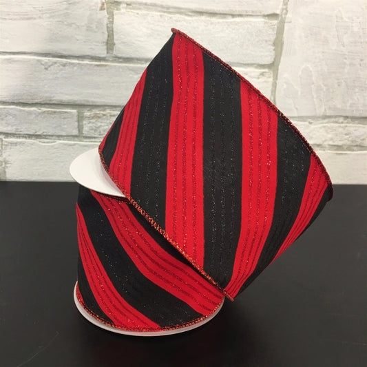 4" X 10YD Stripe with Diagonal Glitter Stripes Ribbon in Red/Black | YT