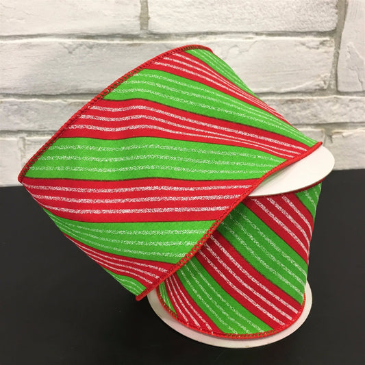 4" X 10YD Stripe with Diagonal Glitter Stripes Ribbon in Red/White/Green | YT