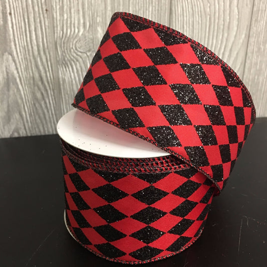 2.5" 10 YD Glitter Diamond Pattern Ribbon in Red/Black | YT
