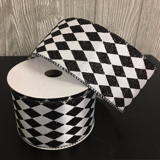 2.5" 10 YD Glitter Diamond Pattern Ribbon in White/Black | YT