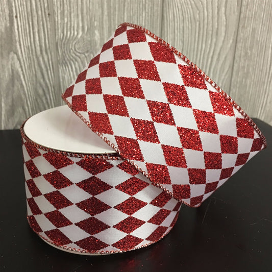 2.5" 10 YD Glitter Diamond Pattern Ribbon in White/Red | YT