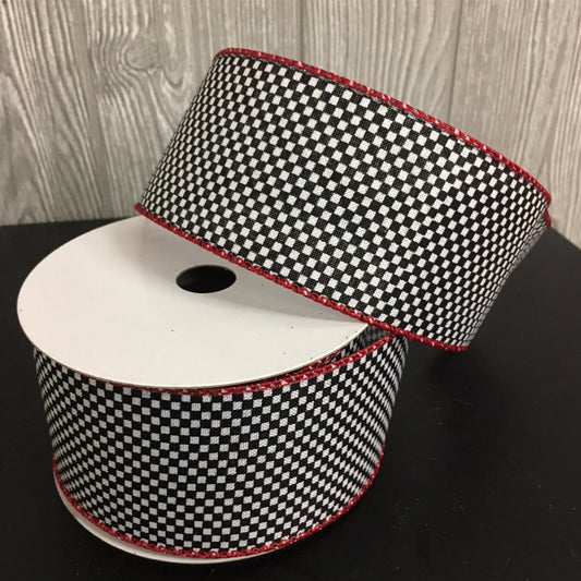 2.5" X 10YD Small Checked Ribbon in White/Red/Black | YT