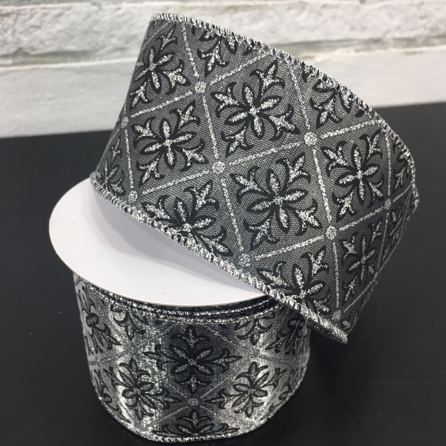2.5" X 10YD Diamond and Floral Jacquard Ribbon in Black/Silver | YT